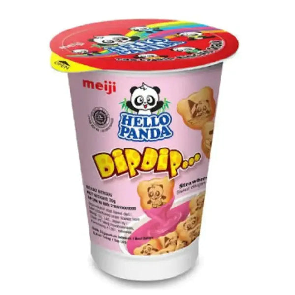 Meiji Hello Panda Dip Dip Strawberry, un snack japonais ludique avec des biscuits croustillants en forme de panda et une crème fondante à la fraise. Disponible sur Bonbiz, ton American & Asian Market en ligne ! 