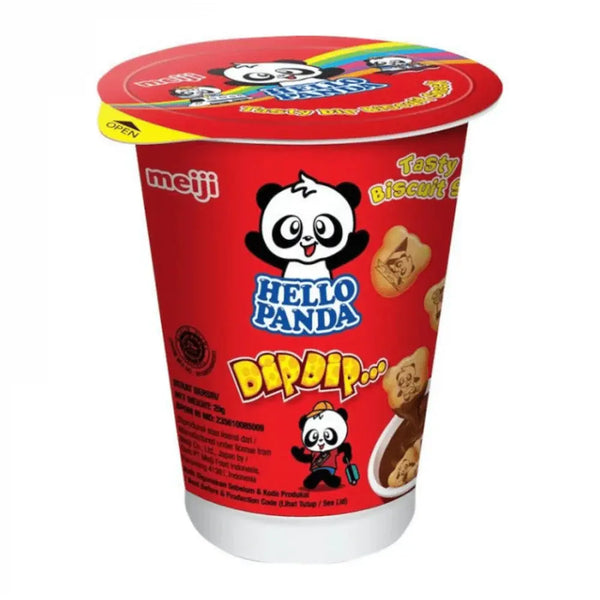 Meiji Hello Panda Dip Dip Chocolate, un snack japonais fun avec des biscuits panda croustillants à tremper dans une crème au chocolat onctueuse. À retrouver sur Bonbiz, ton American & Asian Market en ligne !