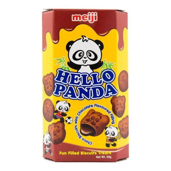 Meiji Hello Panda Double Chocolate, des biscuits japonais croustillants fourrés d’un chocolat fondant intense, illustrés de pandas mignons. À retrouver sur Bonbiz, ton épicerie asiatique et américaine en ligne !