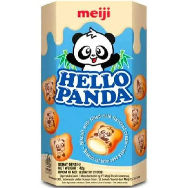 Meiji Hello Panda Milk, des biscuits japonais croquants en forme de panda, garnis d’une crème onctueuse au lait. Un snack réconfortant à retrouver sur Bonbiz, ton American & Asian Market en ligne !