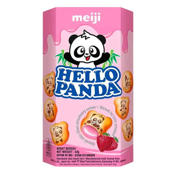 Meiji Hello Panda Strawberry, des biscuits japonais croquants en forme de panda, garnis d’une crème onctueuse à la fraise. Idéal pour la Saint-Valentin, à retrouver sur Bonbiz, ton American & Asian Market en ligne !