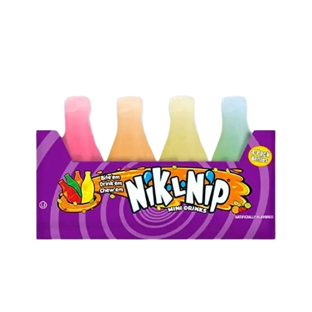 Boîte de Nik-L-Nip Mini Drinks avec quatre bouteilles en cire multicolores, offrant une expérience gourmande à boire, mordre et mâcher, dans un emballage amusant et attrayant.