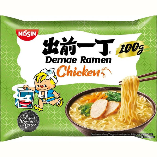 Nissin Demae Ramen Chicken, des ramen japonais instantanés au poulet, avec un bouillon doux et gourmand. À retrouver sur Bonbiz, ton American & Asian Market en ligne !