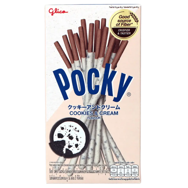 Pocky Glico Cookies & Cream - Biscuits japonais croustillants enrobés d'une crème onctueuse aux éclats de cookies. Un snack gourmand avec un packaging attrayant, entouré de biscuits Oreo et tourbillons de crème pour une expérience sucrée irrésistible.