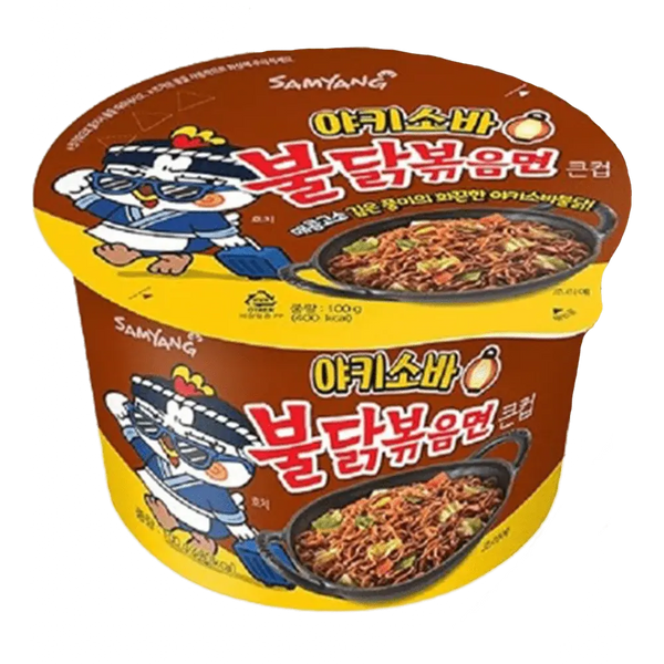 Samyang Hot Chicken Flavor Yakisoba Big Cup, des nouilles sautées coréennes halal ultra-épicées, avec une sauce Hot Chicken Buldak en format XL ! À retrouver sur Bonbiz, ton American & Asian Market en ligne !