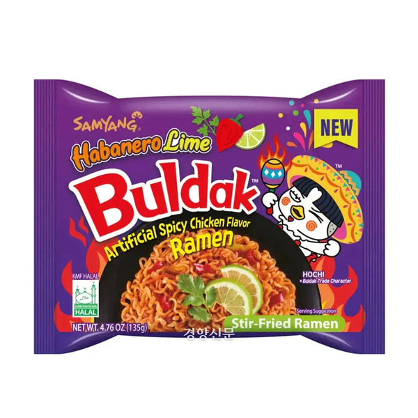 Samyang Ramen Hot Chicken Habanero Lime, des nouilles coréennes ultra-épicées, combinant la chaleur intense du piment habanero et l'acidité du citron vert.