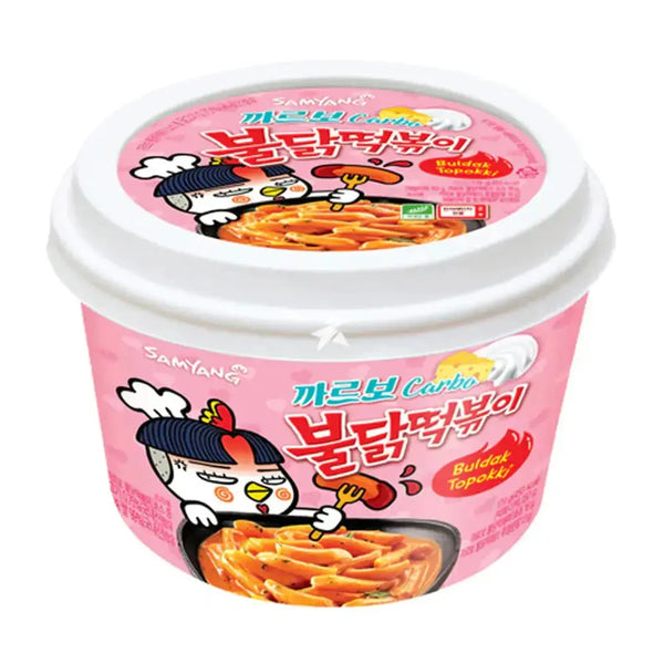 Samyang Topokki Bowl Hot Chicken Carbo Big, des gâteaux de riz coréens ultra-moelleux, enrobés d’une sauce carbonara crémeuse et pimentée au Hot Chicken Buldak ! À retrouver sur Bonbiz, ton American & Asian Market en ligne !