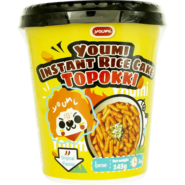 oumi Instant Rice Cake Topokki Original, des gâteaux de riz coréens moelleux baignés dans une sauce épicée relevée aux épices coréennes. À retrouver sur Bonbiz, ton American & Asian Market en ligne ! 